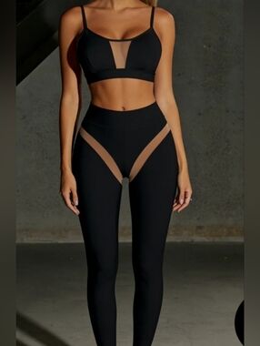 High-Waist Black Mesh-Panel Leggings and bra set